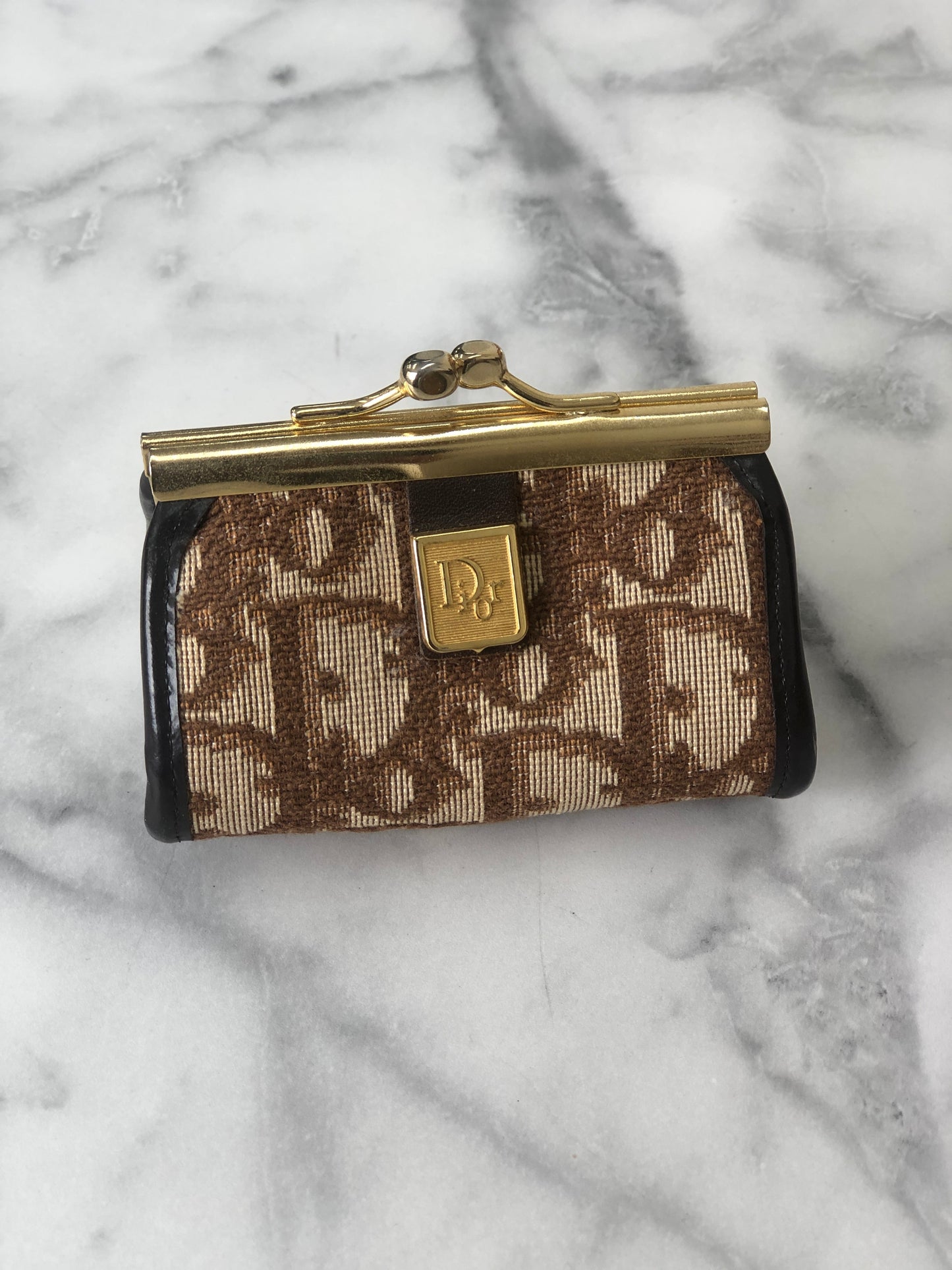 Christian Dior Trotter 提花皮革金屬扣零錢包棕色復古 mcrrev