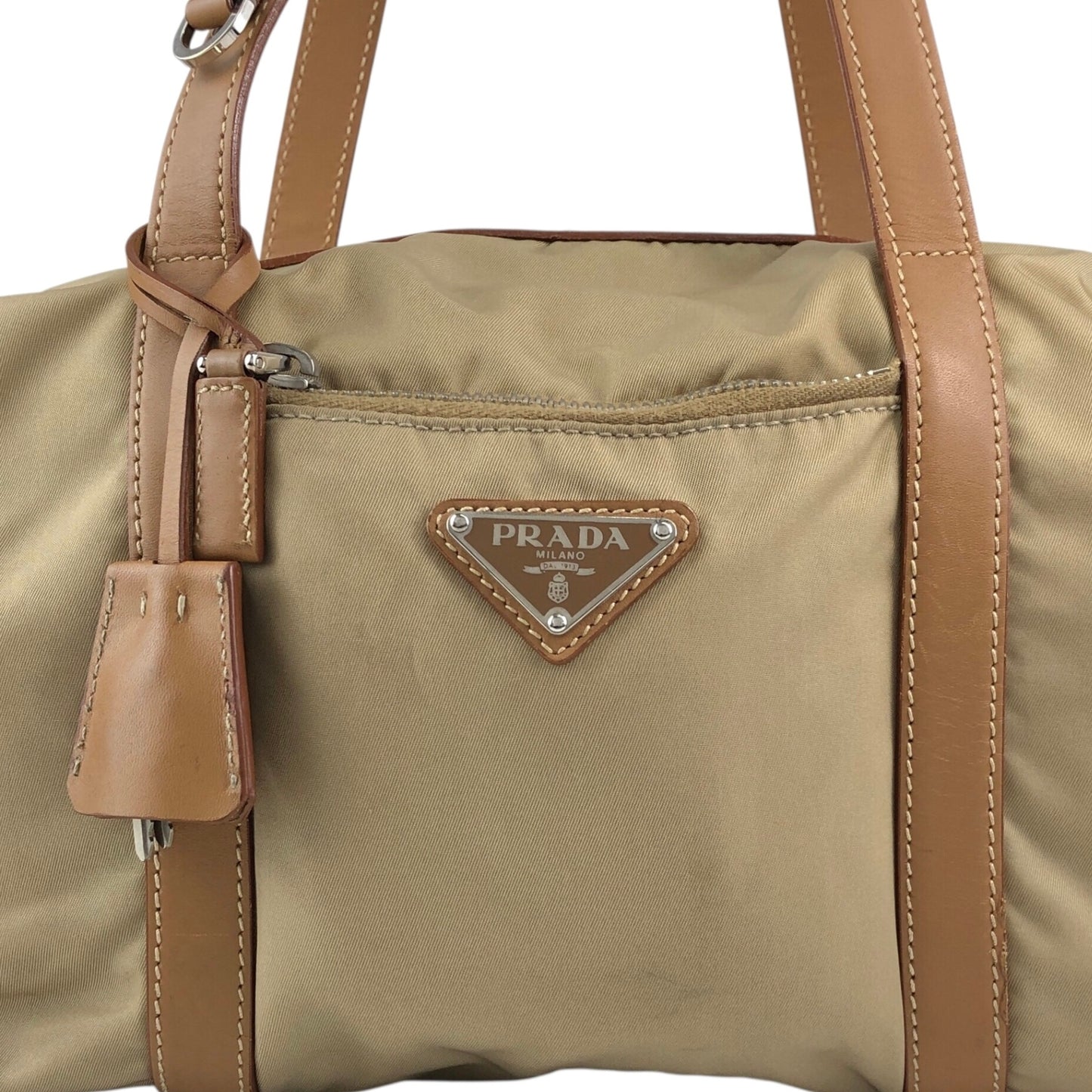PRADA Tessuto Triangle Logo Small Boston bag Handbag Beige Vintage ib6juf