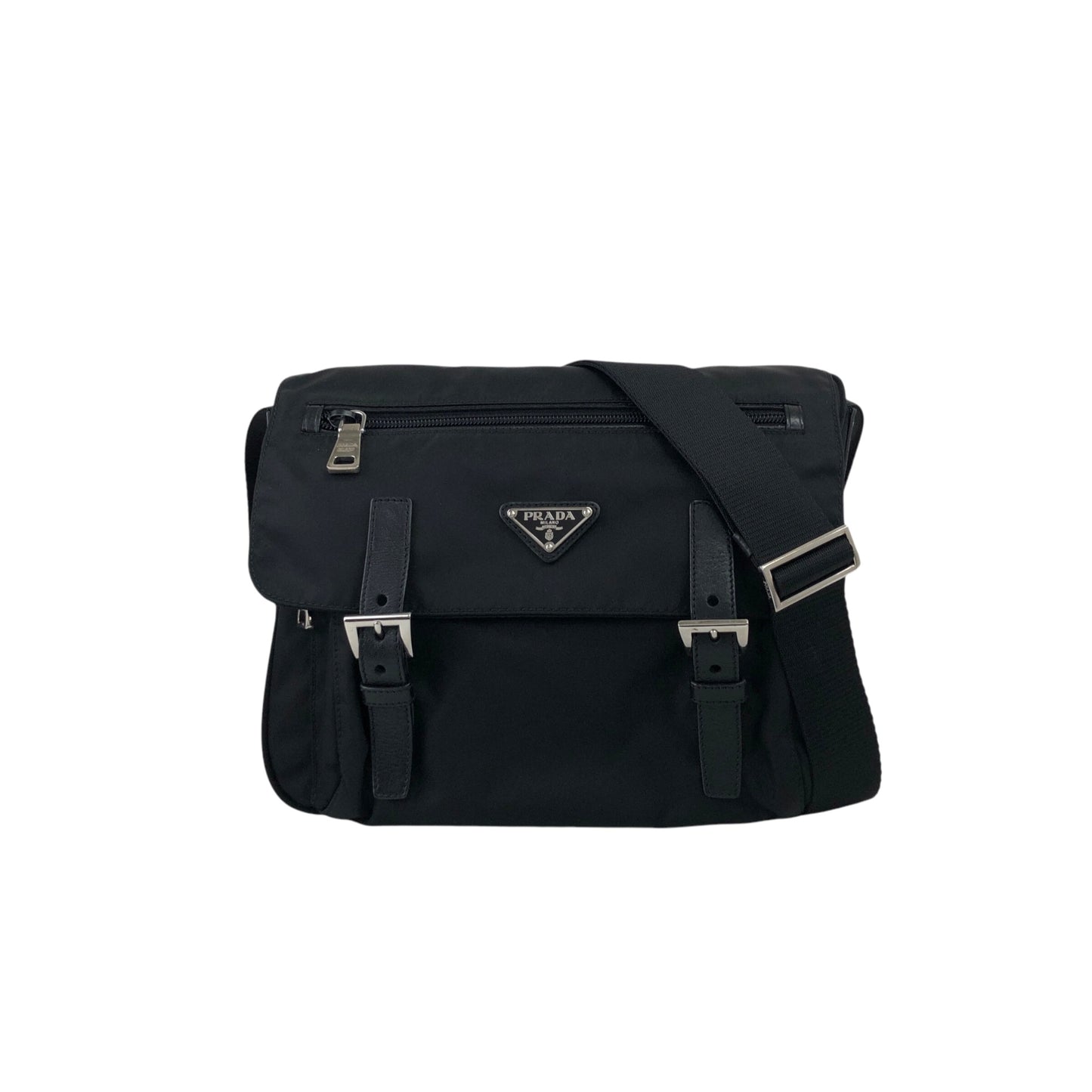 PRADA Triangle Logo Front Buckle Shoulder bag Black Vintage b2kema