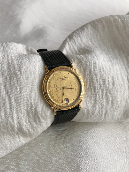 Christian Dior CD Logo Watch Gold×Black Vintage 2y2w4k