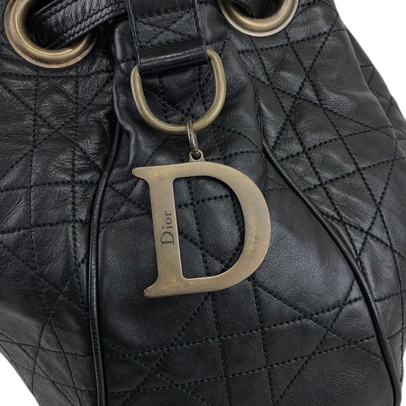Christian Dior Cannage Logo Motif 抽繩肩背包 黑色 復古 ryhx6x