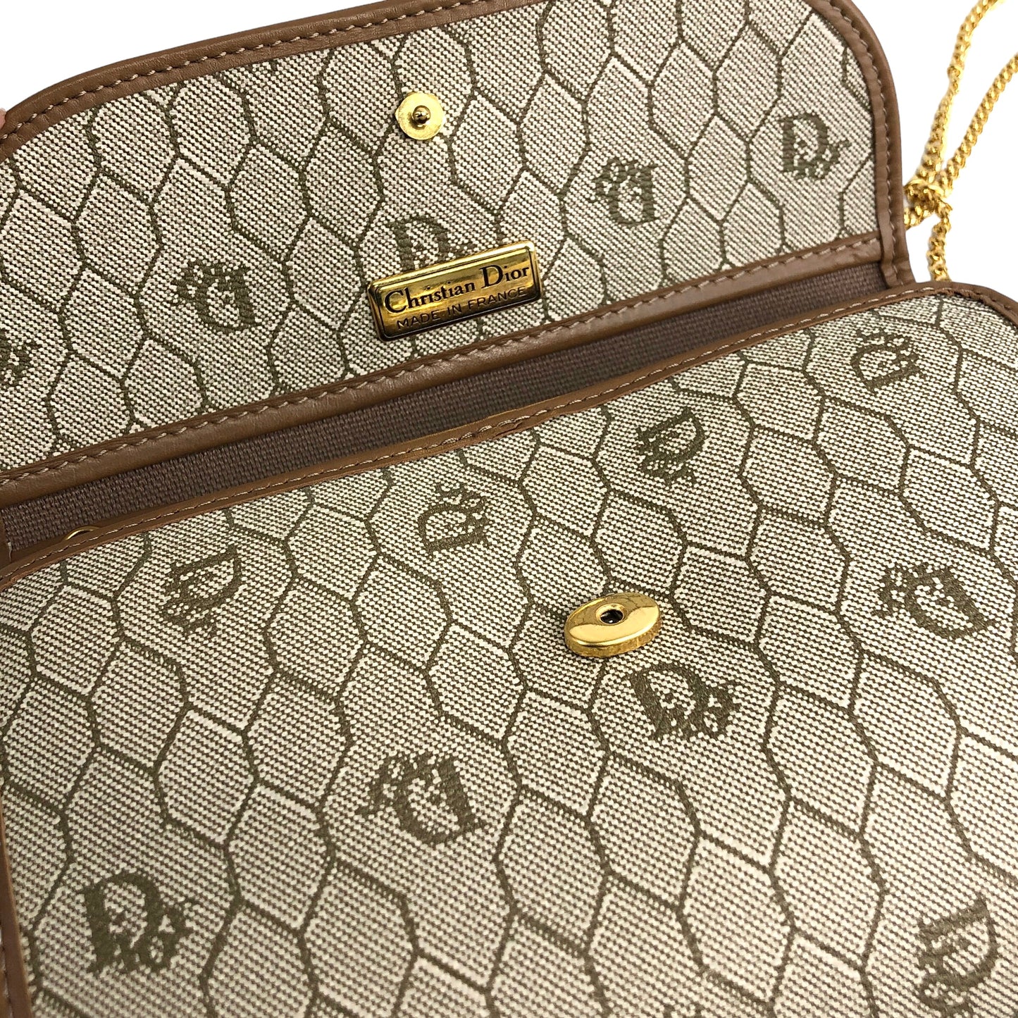 Christian Dior 蜂巢紋 PVC 皮革鏈條單肩包 米色復古 kcpzag