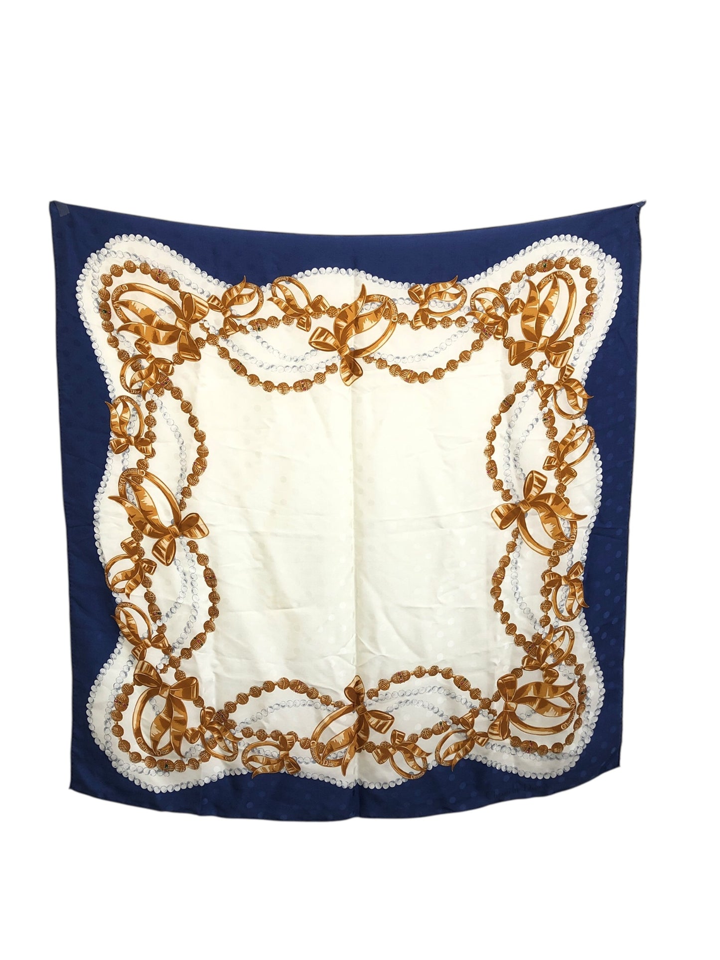 Christian Dior Ribbon Motif Scarf White×Blue Silk Vintage 4m2iap