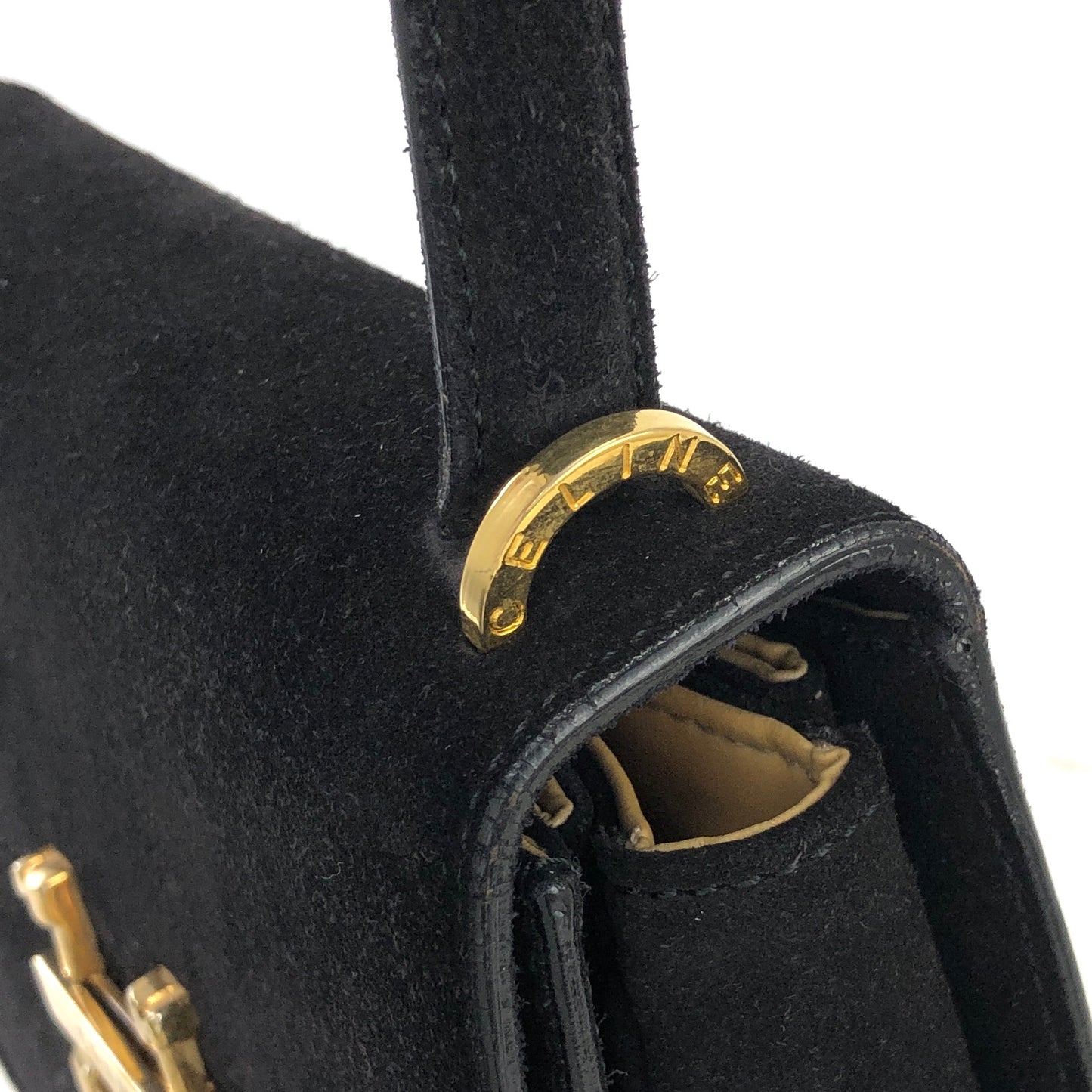 CELINE Horseshoe Suede Leather Two-way Handbag Shoulder bag Black Vintage 47tmub