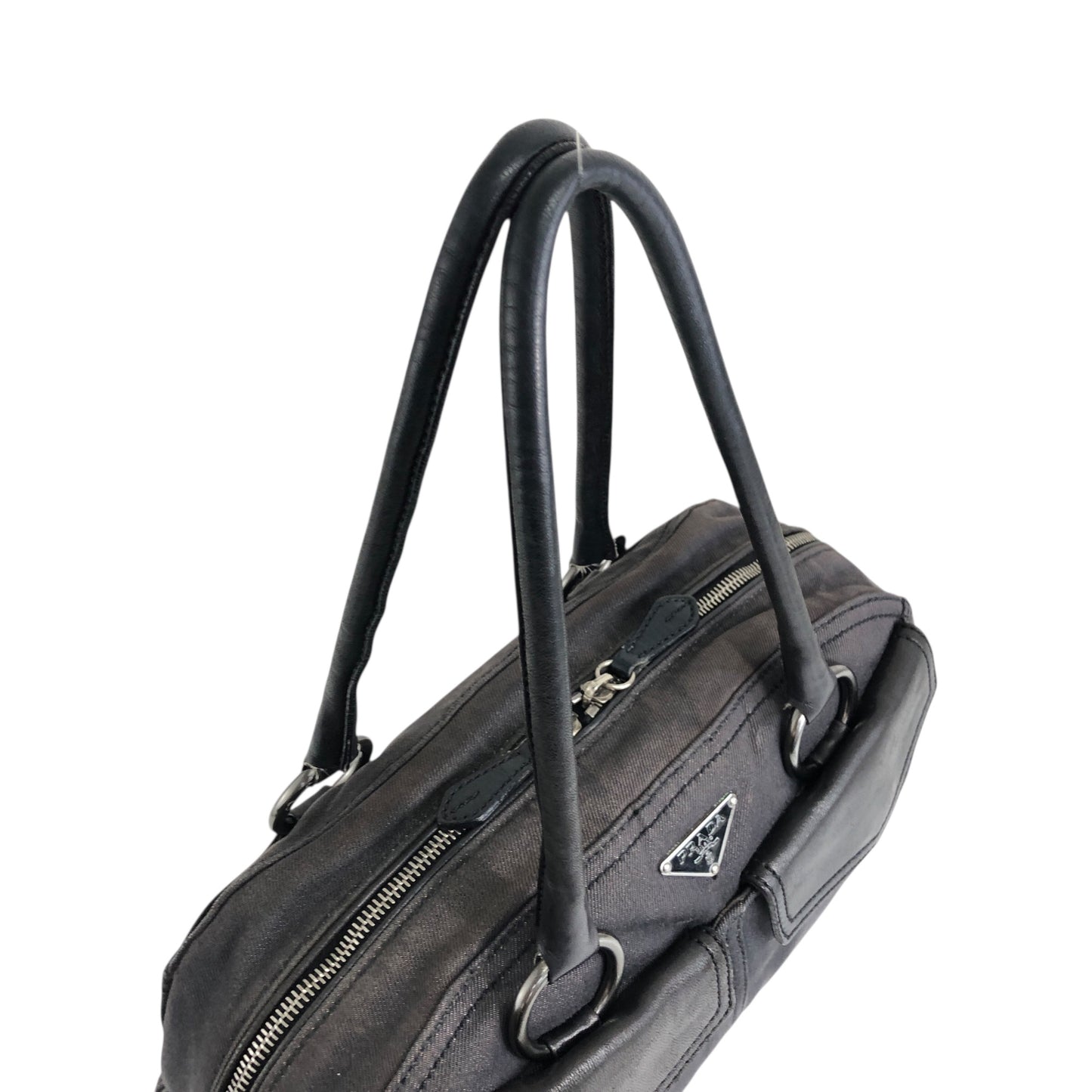 PRADA Triangle Logo Front Pocket Small Boston bag Handbag Black Vintage 7uz66d