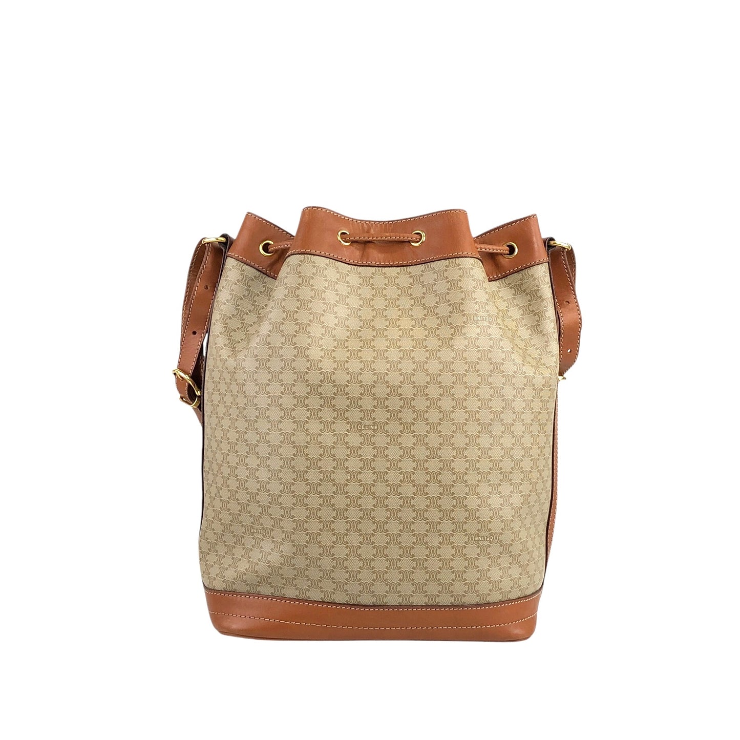 CELINE Macadam Blason Drawstring Shoulder bag Beige Vintage p4favs