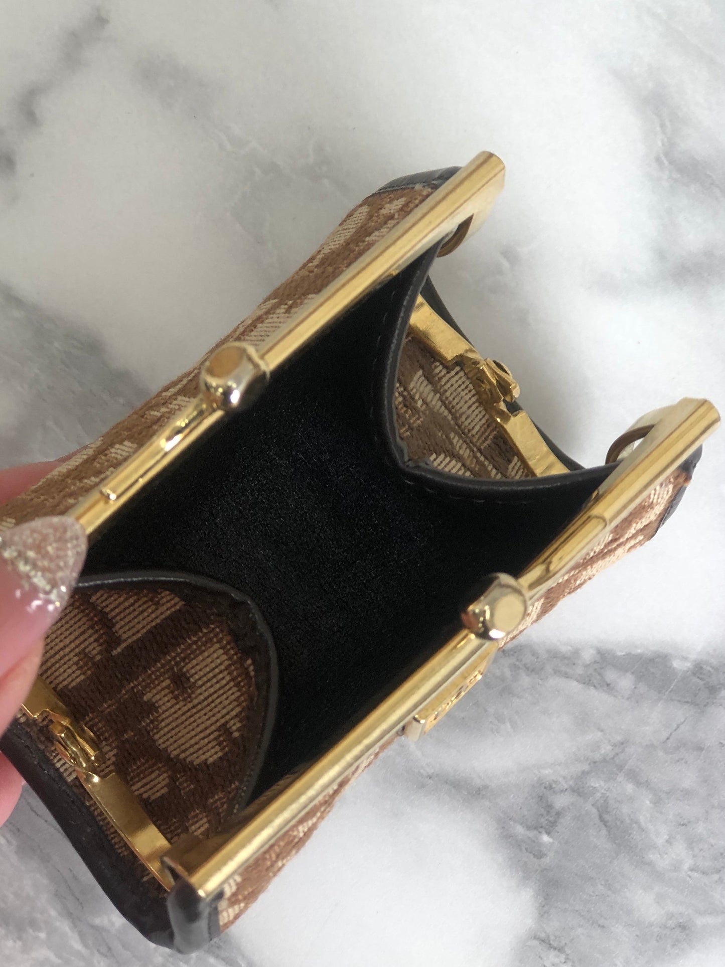 Christian Dior Trotter 提花皮革金屬扣零錢包棕色復古 mcrrev