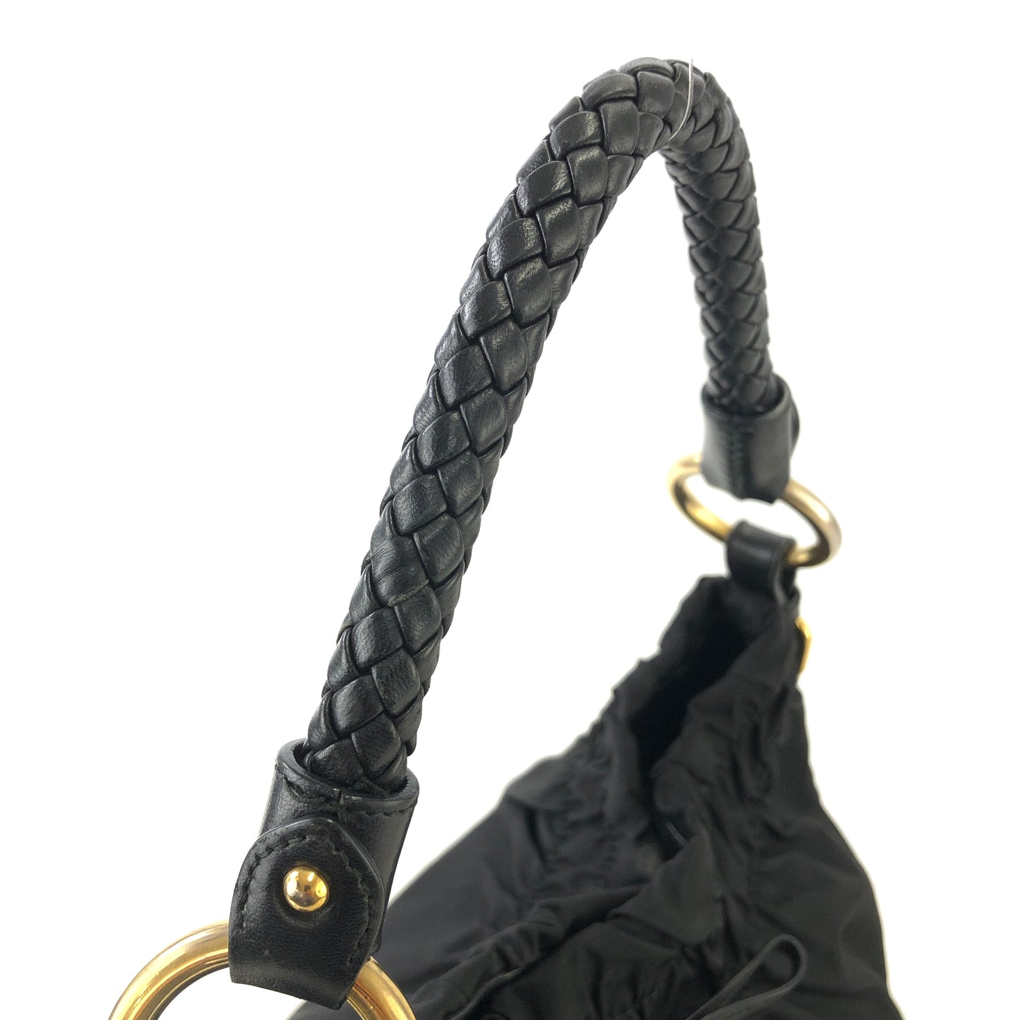 PRADA Logo Nylon Leather Shirring Handbag Black Vintage xwztuy