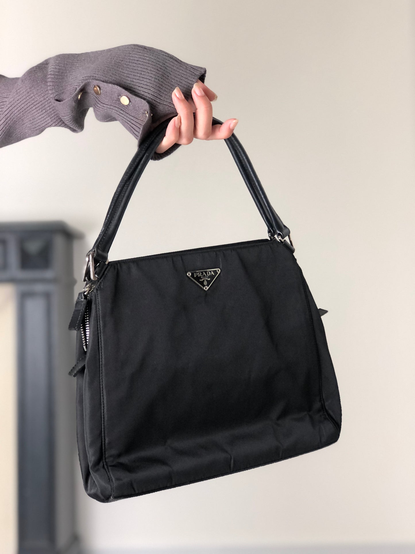 PRADA Tessuto Triangle Logo Handbag Black Vintage zzietj