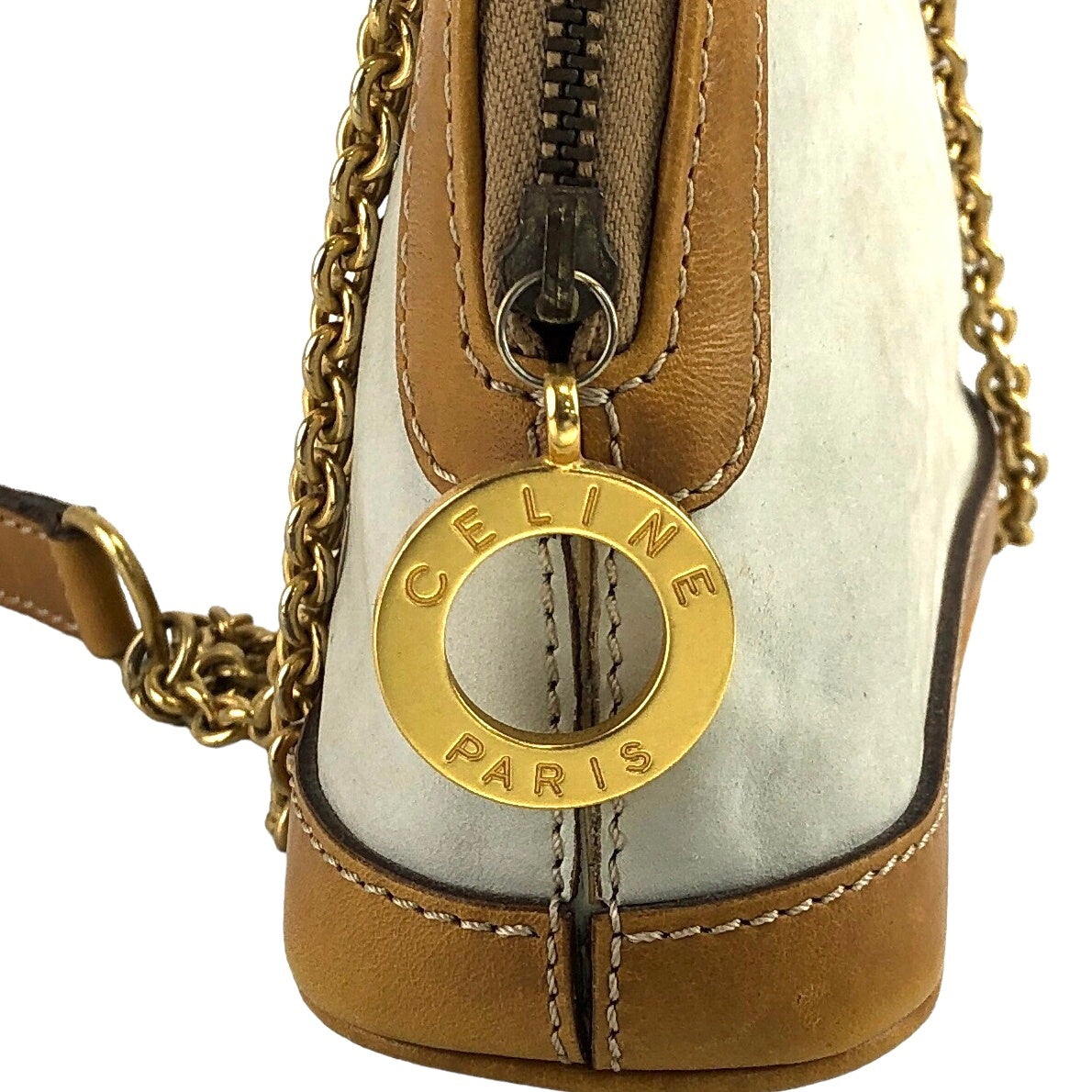 CELINE Circle Logo Charm Metal Clasp Chain Shoulder bag Beige Vintage 2aechi