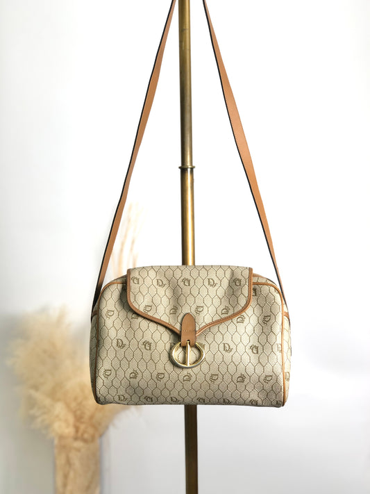 Christian Dior 蜂巢圖案單肩包 米色復古 x5m4cu