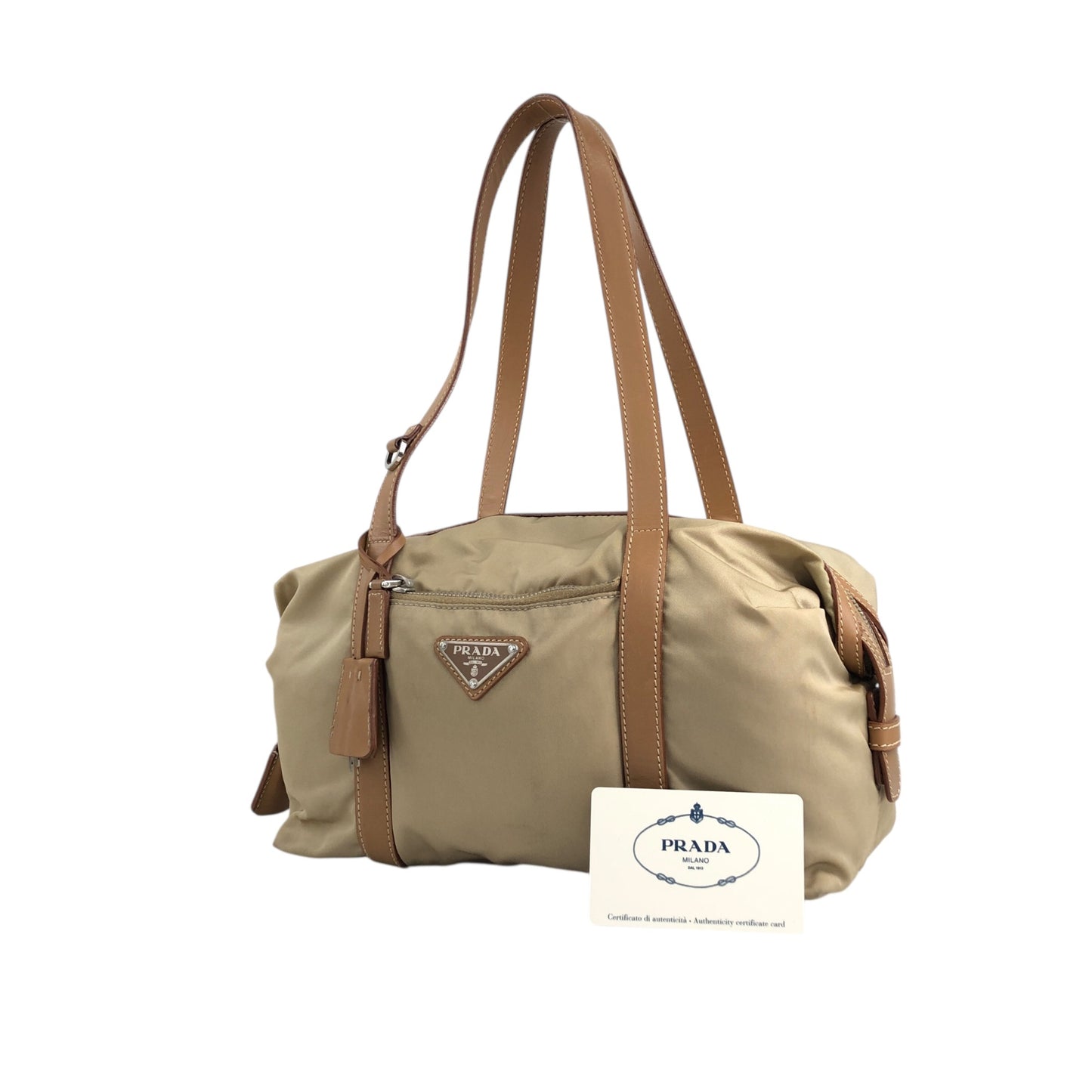 PRADA Tessuto Triangle Logo Small Boston bag Handbag Beige Vintage ib6juf