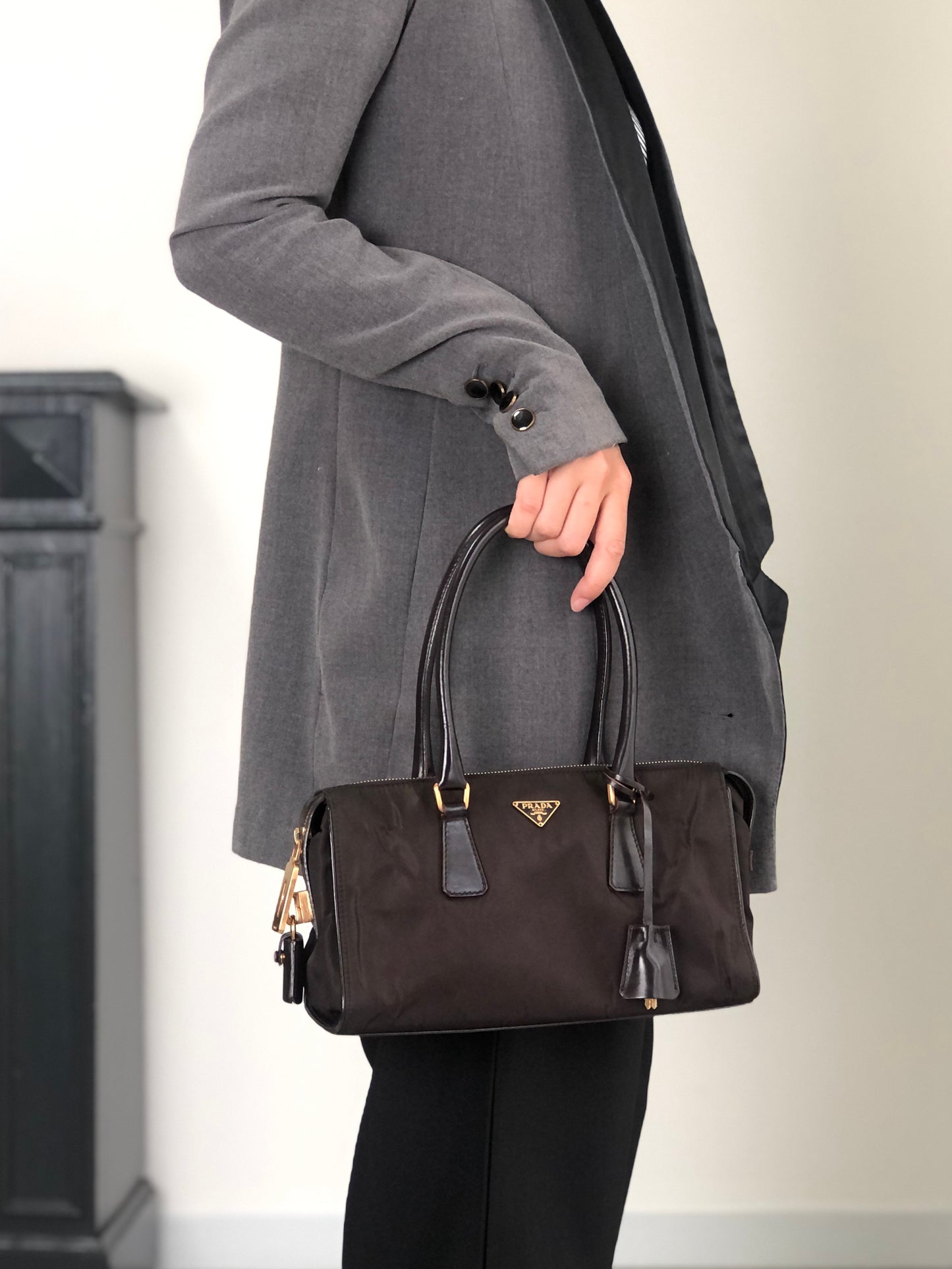PRADA Tessuto Triangle Logo Small Boston bag Handbag Brown Vintage jaa3i4