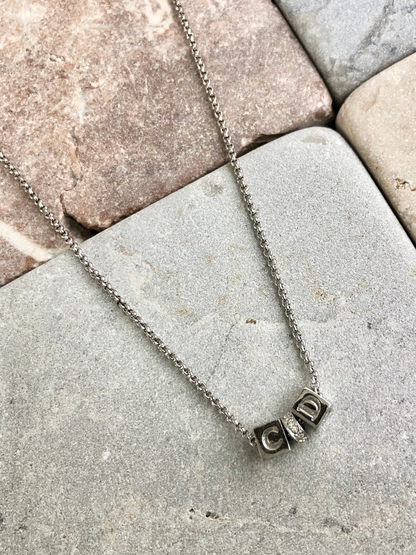 Christian Dior CD Logo Rhinestone Necklace Silver Vintage c62g5i