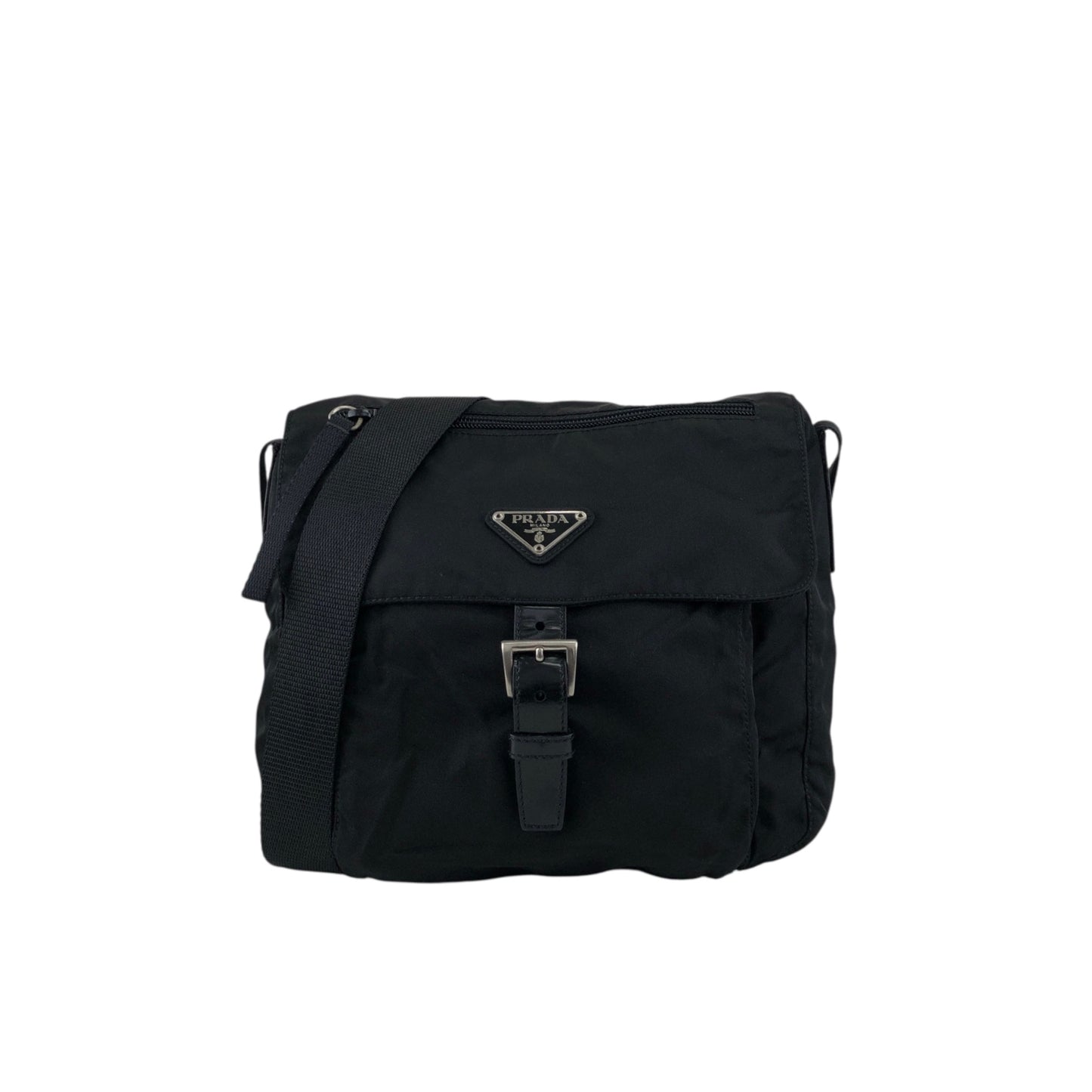 PRADA Tessuto Triangle Logo Front Buckle Shoulder bag Black Vintage g8uwx8