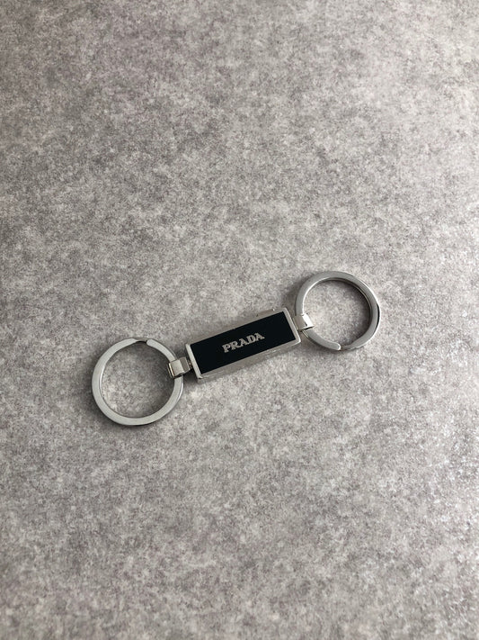 PRADA Logo Motif Key Ring Silver×Black Vintage zupz35