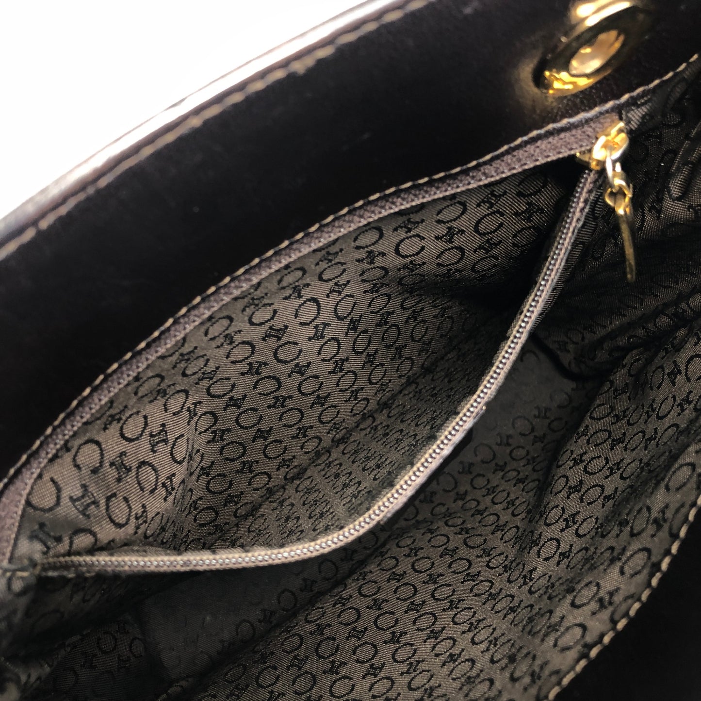 CELINE Logo Embroidery Chain Handbag Brown Vintage 88vc8f