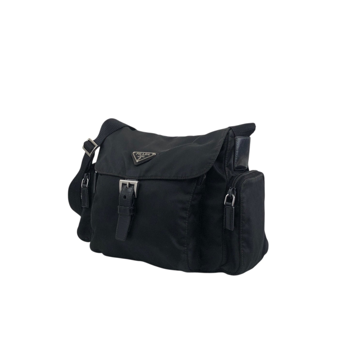 PRADA Tessuto Triangle Logo Front Buckle Side Pocket Shoulder bag Black Vintage 5whkzb