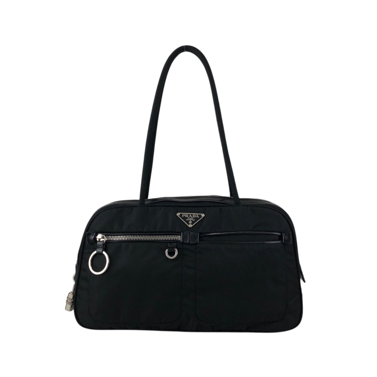 PRADA Tessuto Triangle Logo Front Pocket Small Boston bag Handbag Black Vintage gips8j