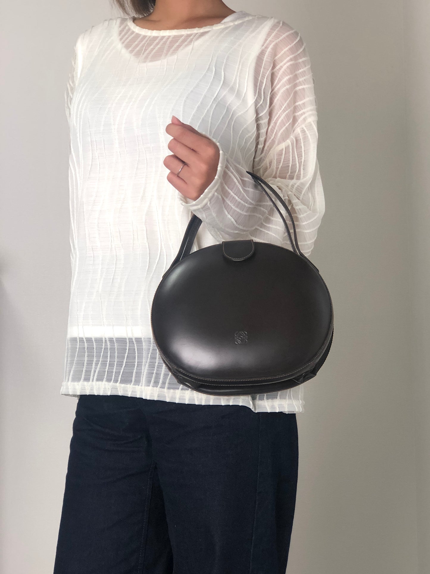LOEWE Logo Embossed Round Handbag Brown Vintage pyjsv4