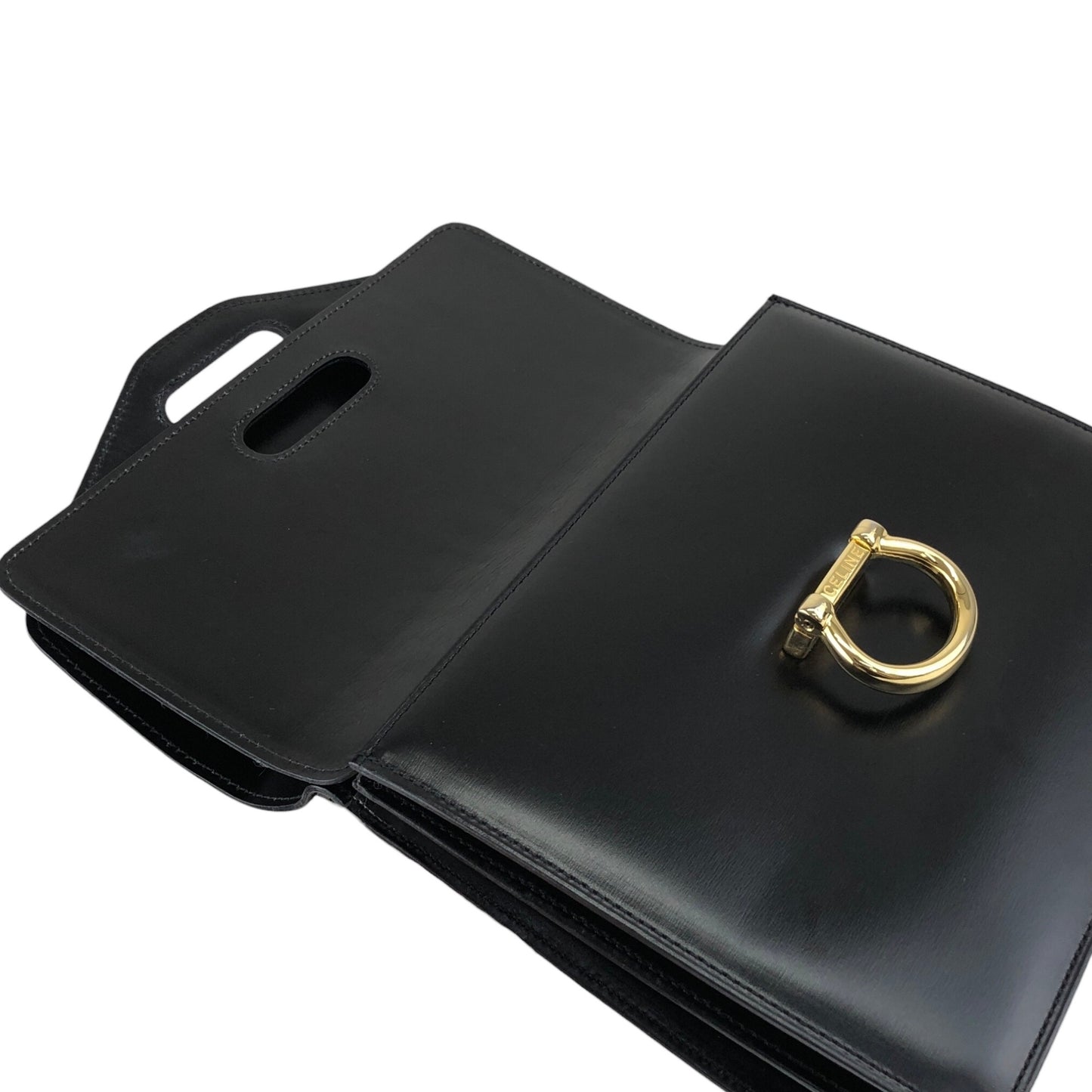 CELINE Horse Bit Double Flap Handbag Black Vintage istaf6