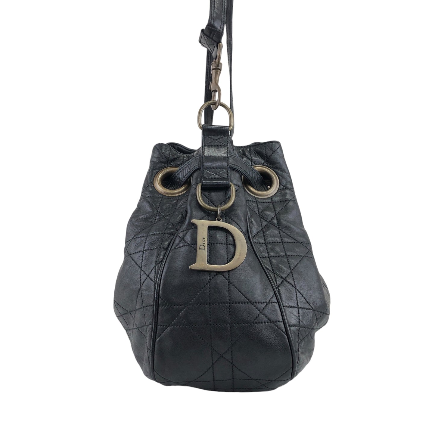 Christian Dior Cannage Logo Motif 抽繩肩背包 黑色 復古 ryhx6x