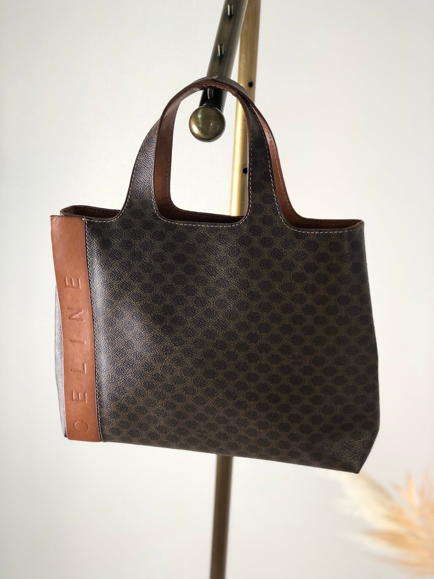 CELINE Macadam Logo PVC Leather Handbag Brown Vintage csmcph 