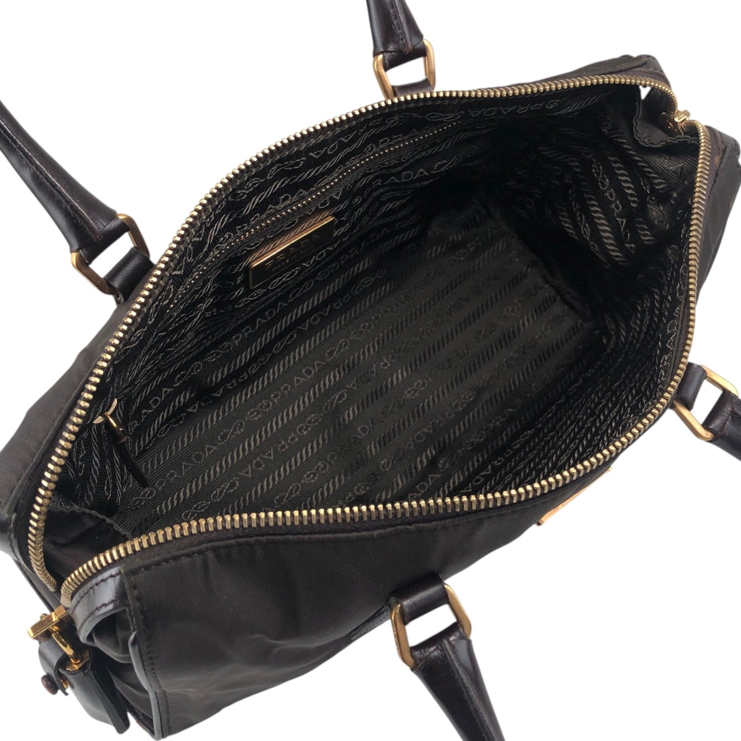 PRADA Tessuto Triangle Logo Small Boston bag Handbag Brown Vintage jaa3i4