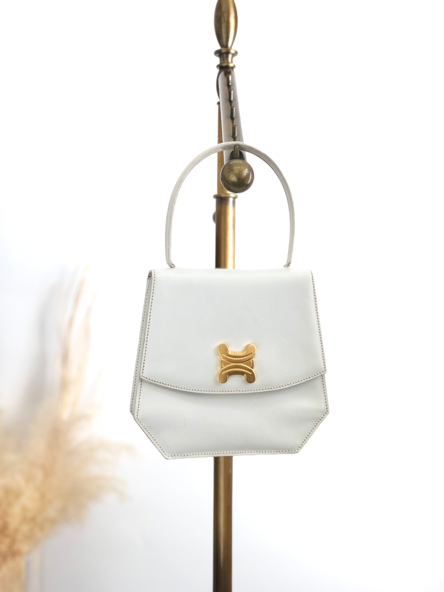 CELINE Triomphe Top Handle Handbag White Vintage 33tdem