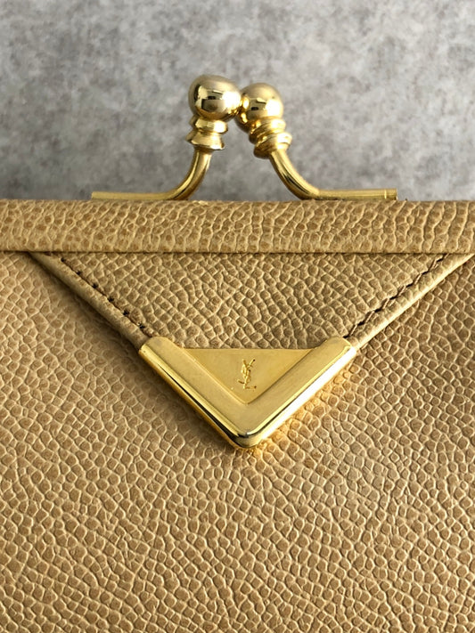Yves Saint Laurent YSL Logo Metal Clasp Coin Purse Beige Vintage 6fj2nf
