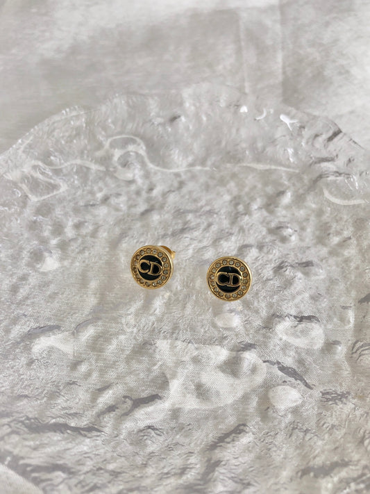 Christian Dior CD Logo Rhinestone Pierced Black×Gold Vintage ayjypj