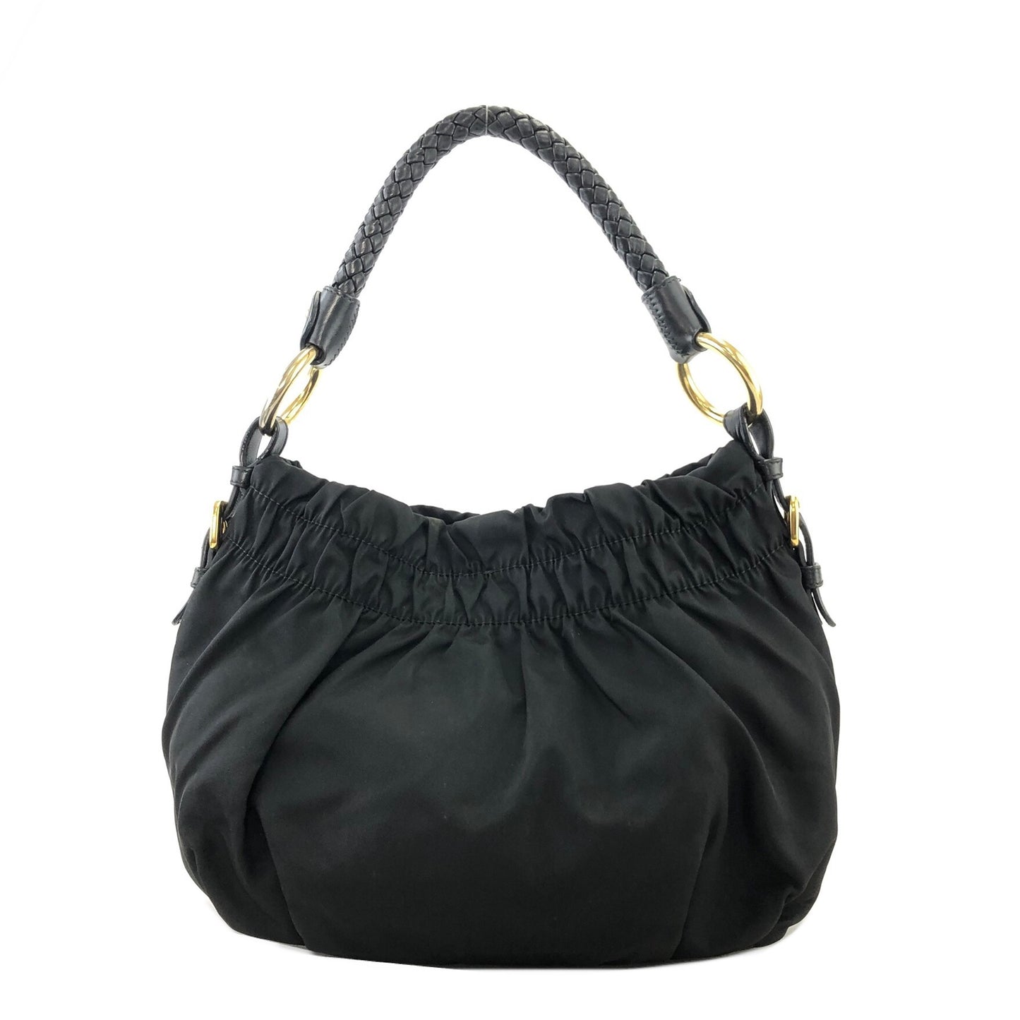 PRADA Logo Nylon Leather Shirring Handbag Black Vintage xwztuy