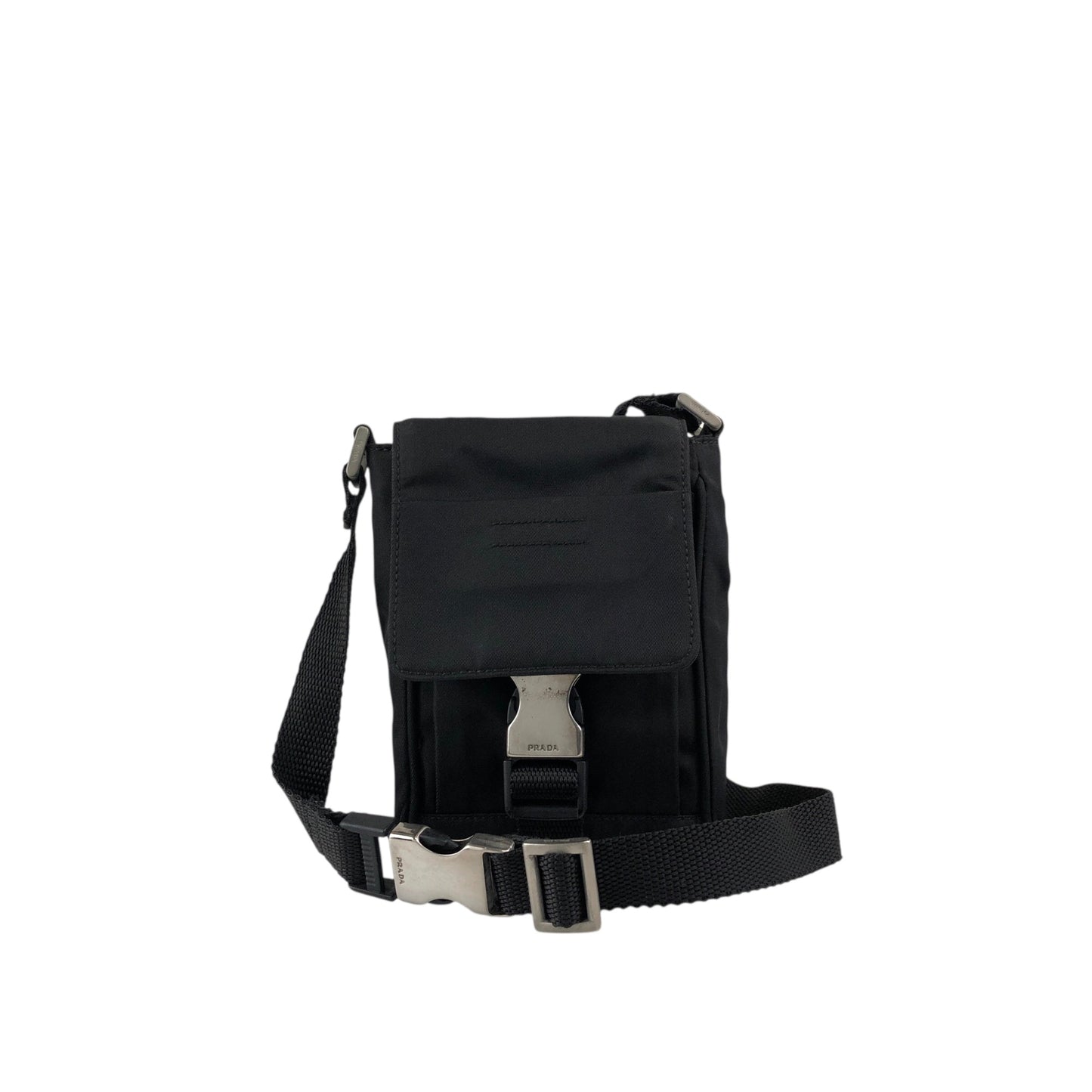 PRADA Tessuto Triangle Logo Front Buckle Small Shoulder bag Black Vintage efbuwg
