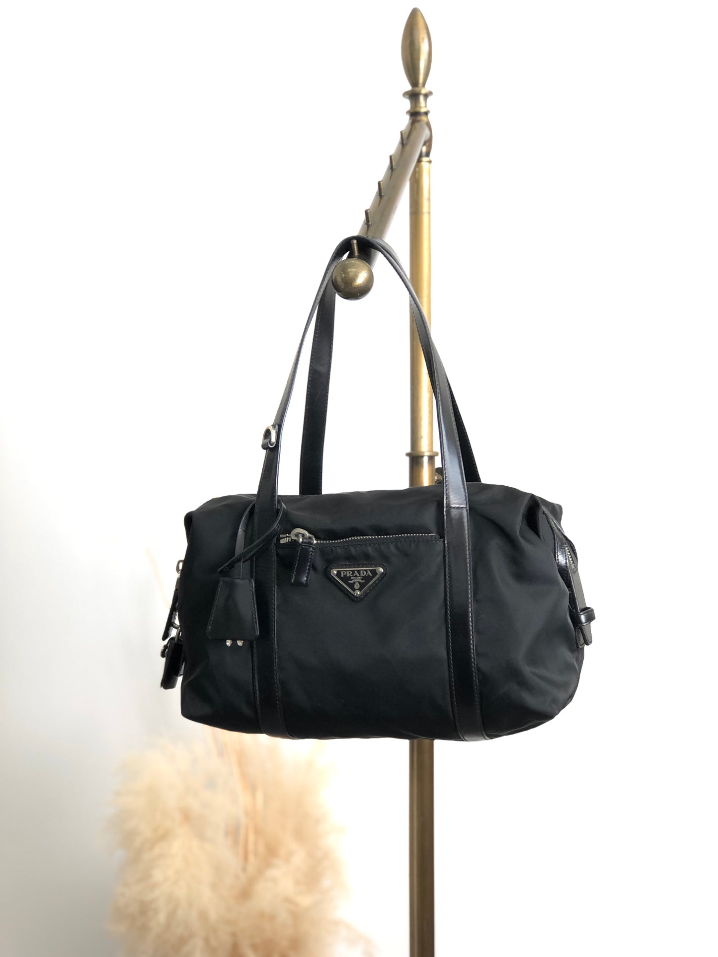 PRADA Tessuto Triangle Logo Small Boston bag Handbag Black Vintage kg2zxs