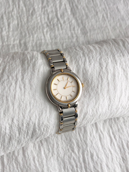 Yves Saint Laurent YSL Logo Quartz Watch Silver×Gold 5420-F45413 Vintage m3ywcg