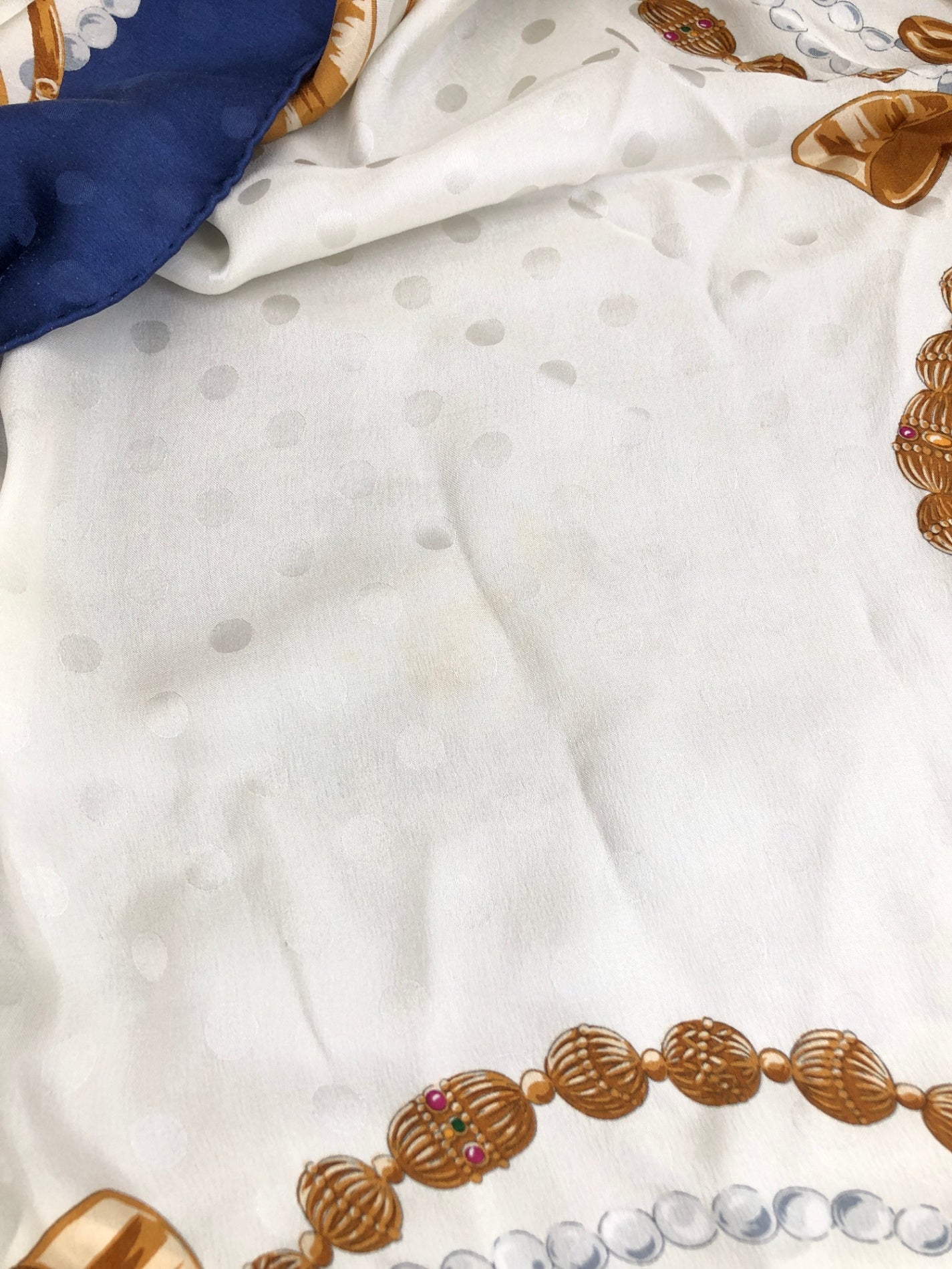 Christian Dior Ribbon Motif Scarf White×Blue Silk Vintage 4m2iap