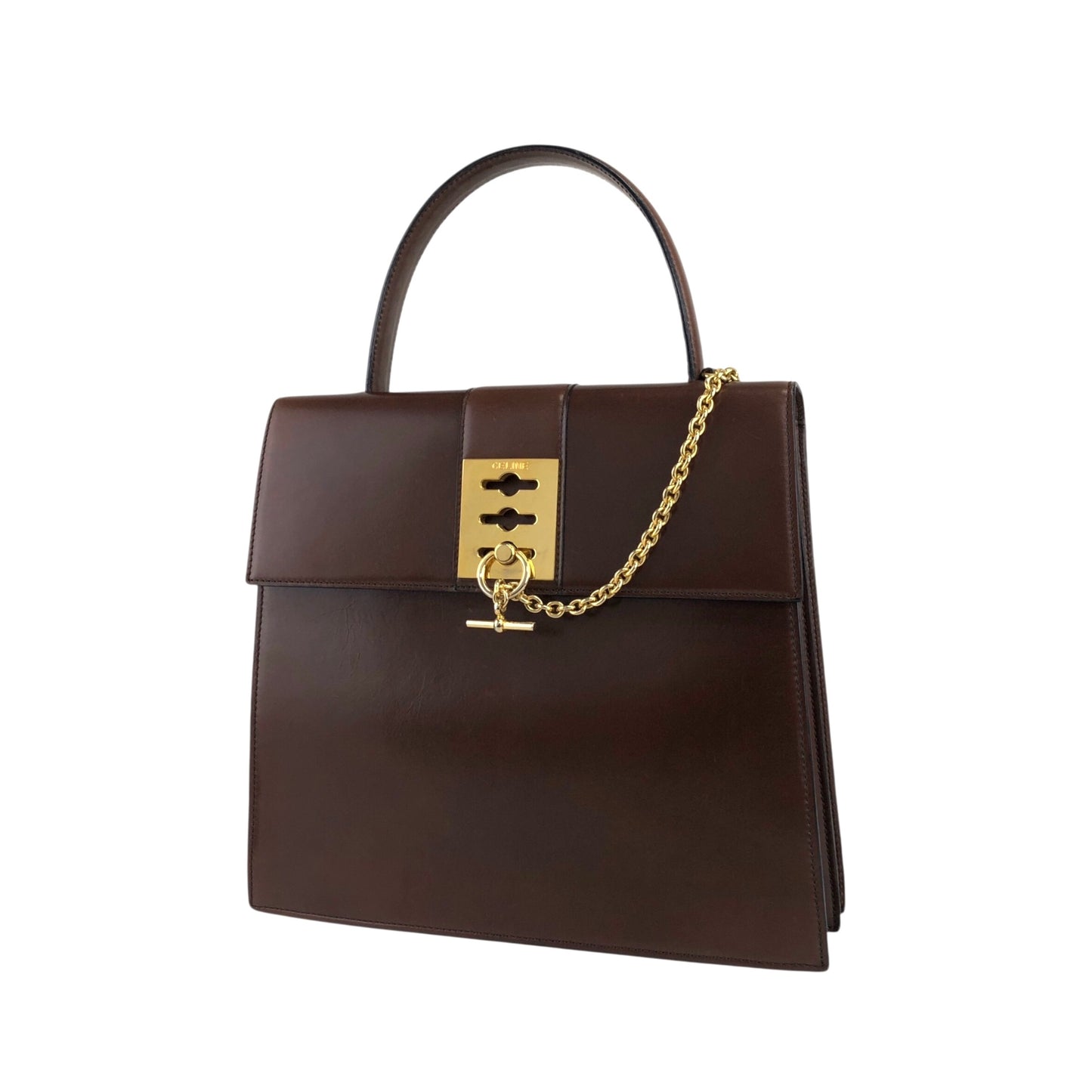 CELINE Gancini Chain Handbag Brown Vintage 7ffusp