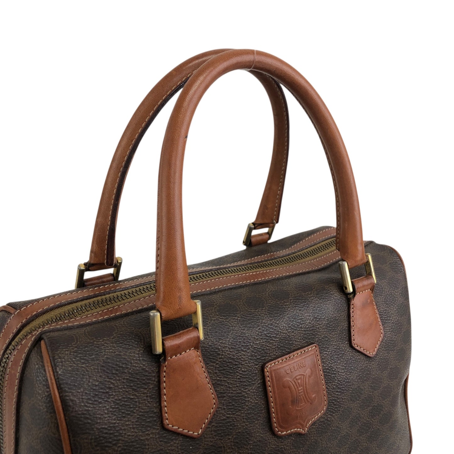 CELINE Macadam Blason Small Boston bag Handbag Brown Vintage akh2uk