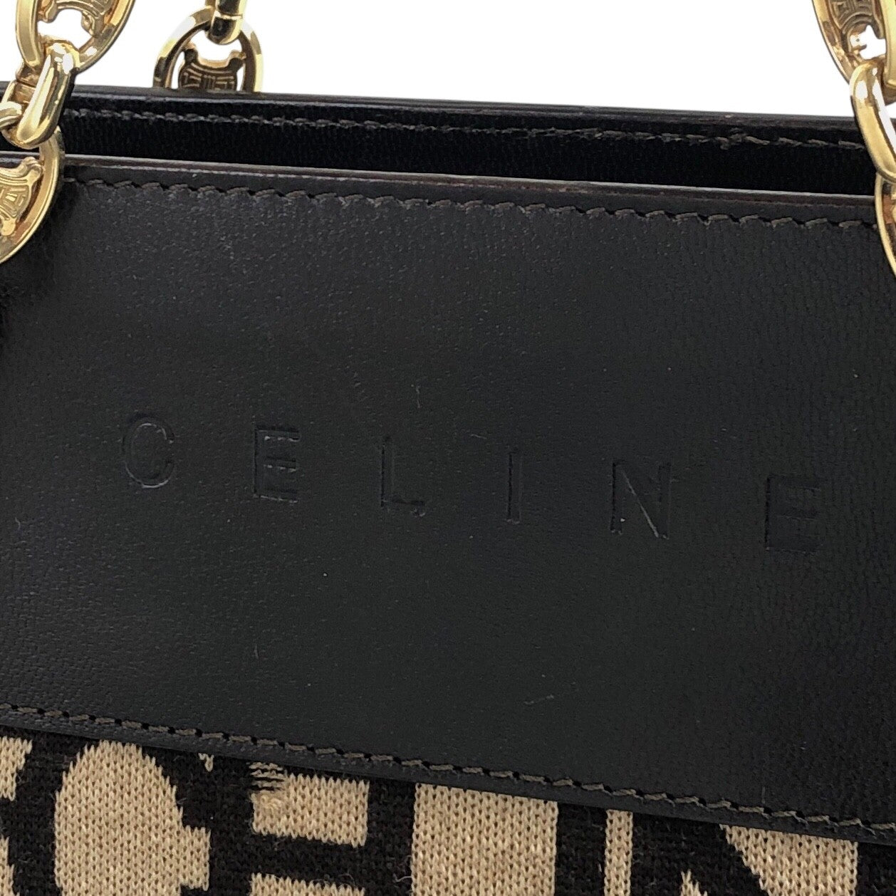 CELINE Logo Embroidery Chain Handbag Brown Vintage 88vc8f