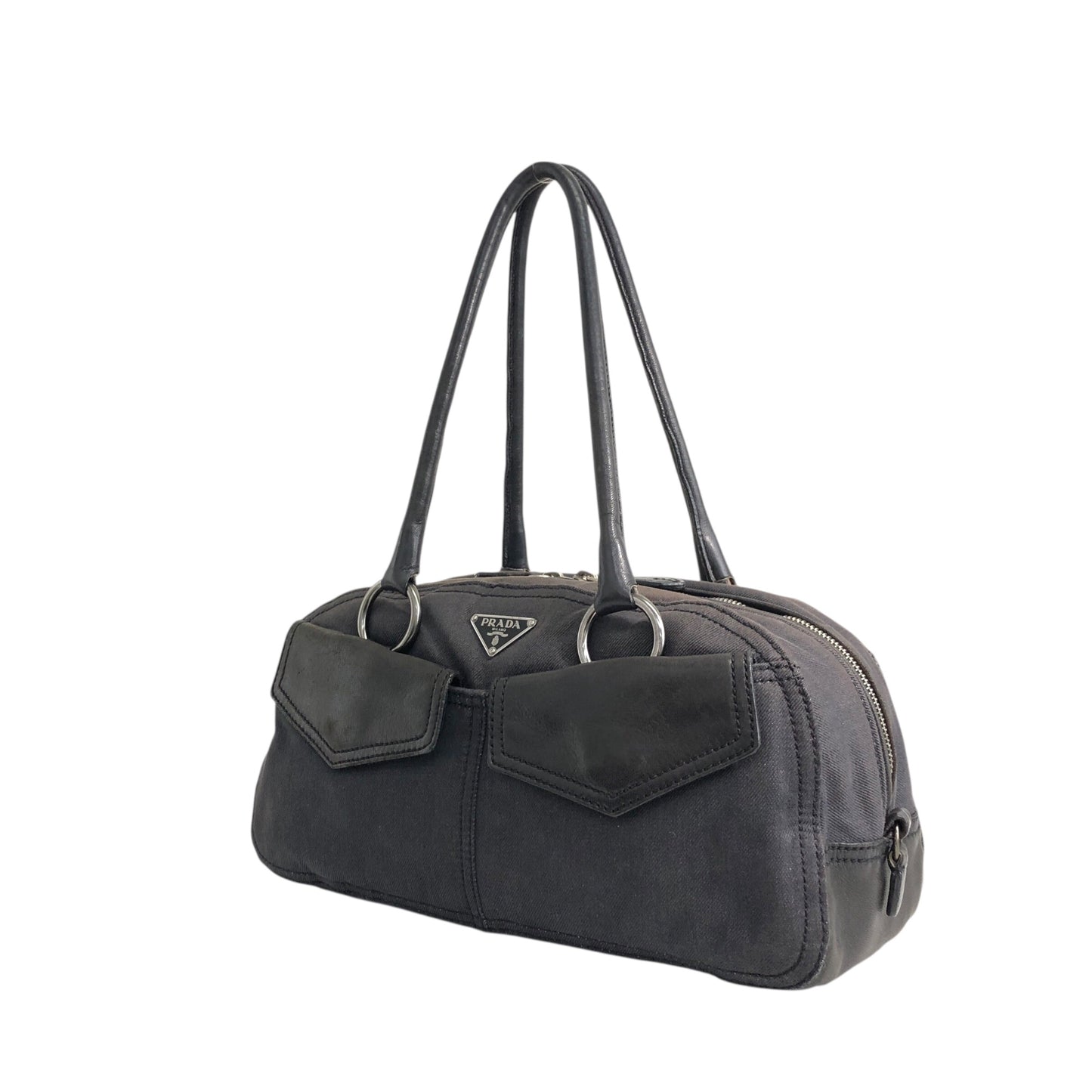 PRADA Triangle Logo Front Pocket Small Boston bag Handbag Black Vintage 7uz66d