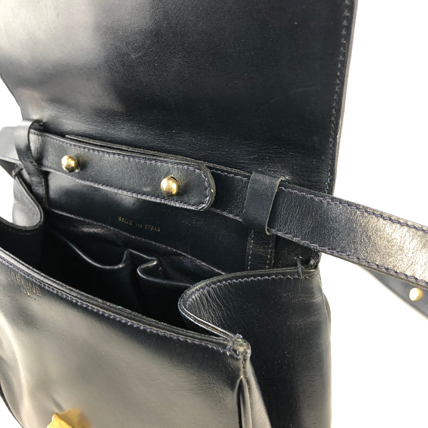 CELINE Triomphe Chain Leather Shoulder bag Navy Vintage admv2k