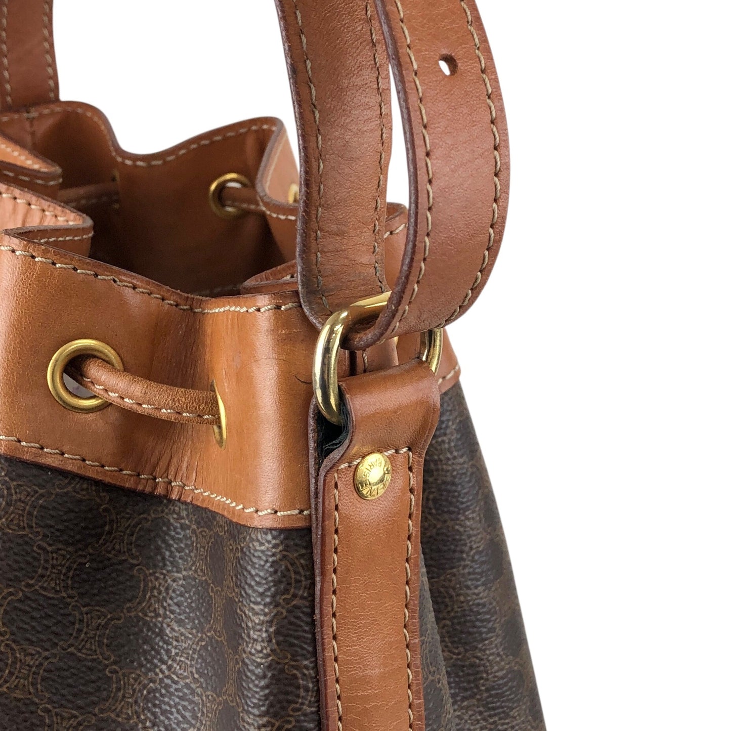 CELINE Macadam Blason Drawstring Shoulder bag Brown Vintage y4ma84