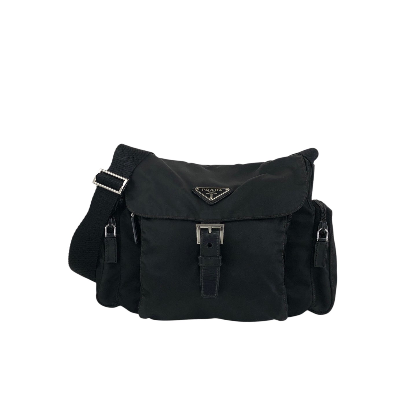 PRADA Tessuto Triangle Logo Front Buckle Side Pocket Shoulder bag Black Vintage 5whkzb