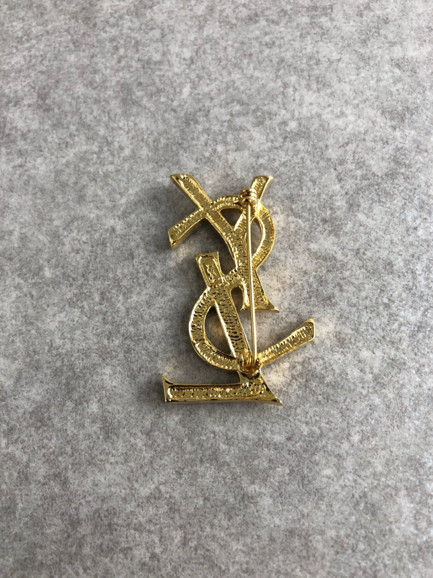 Yves Saint Laurent YSL Logo Rhinestone Brooch Gold Vintage 6w4tg3