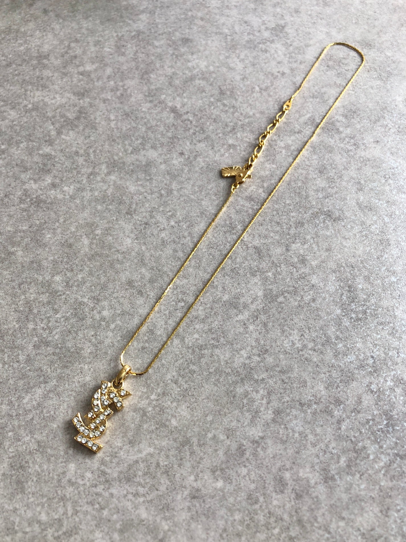Yves Saint Laurent YSL Logo Rhinestone Necklace Gold Vintage mgyvm5