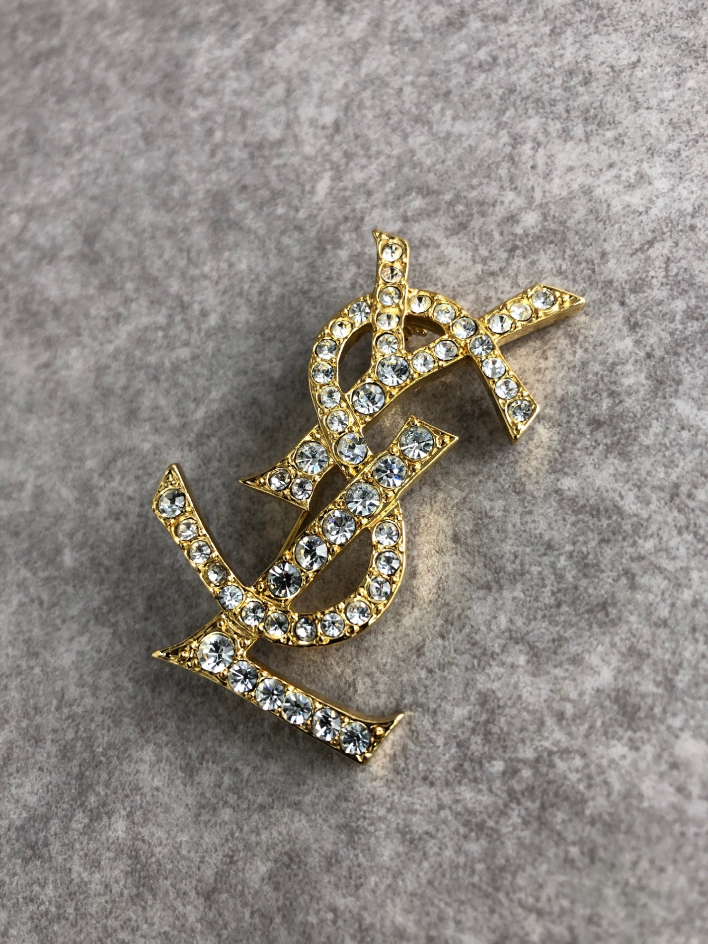 Yves Saint Laurent YSL Logo Rhinestone Brooch Gold Vintage 6w4tg3