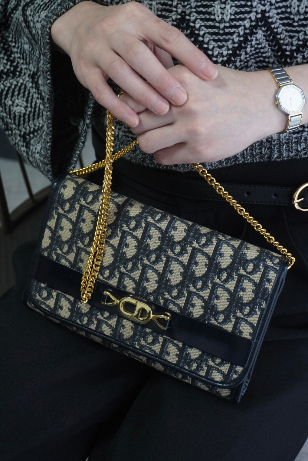 Christian Dior Trotter Chain Shoulder bag Navy Vintage rphic5