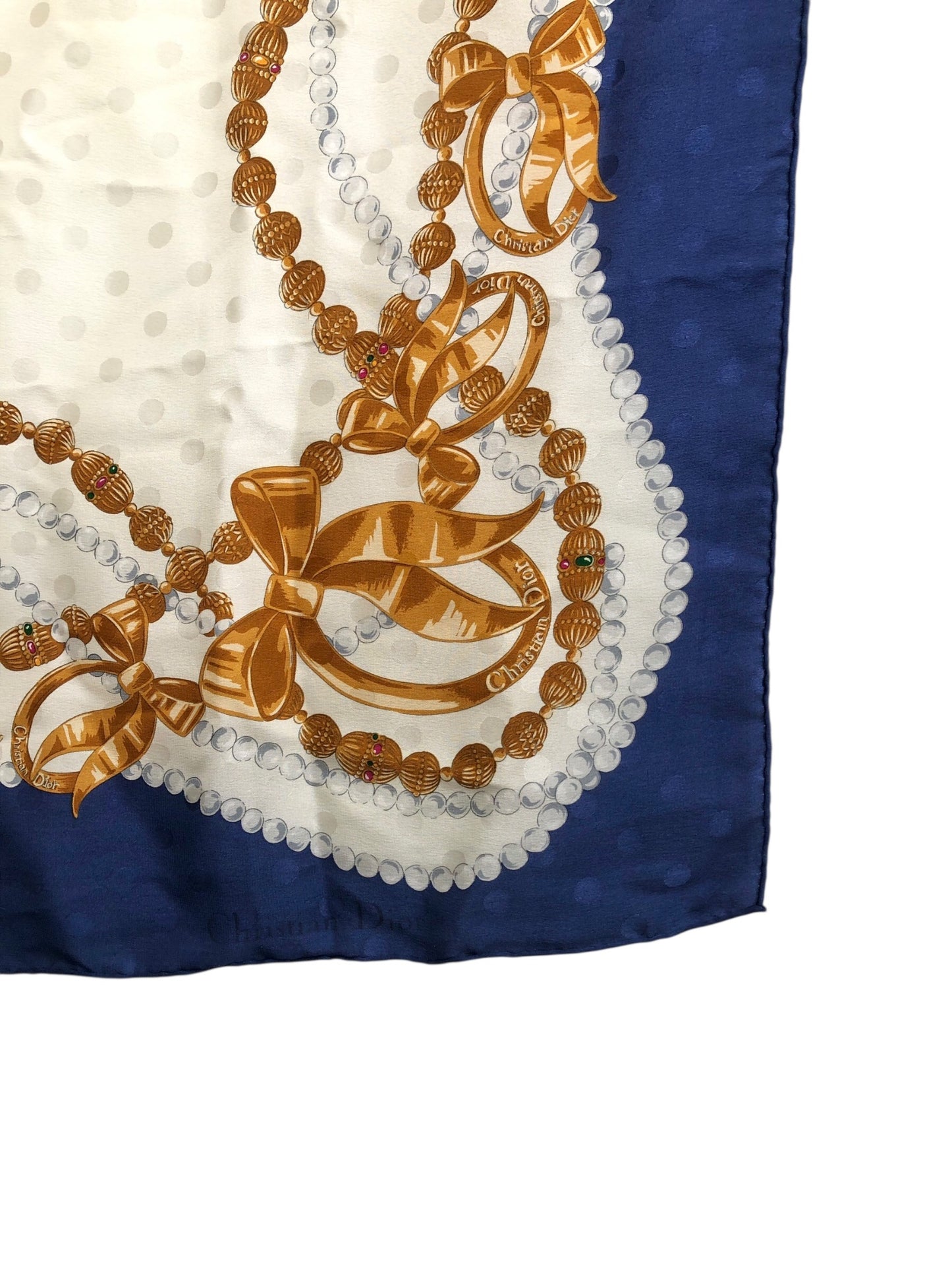 Christian Dior Ribbon Motif Scarf White×Blue Silk Vintage 4m2iap