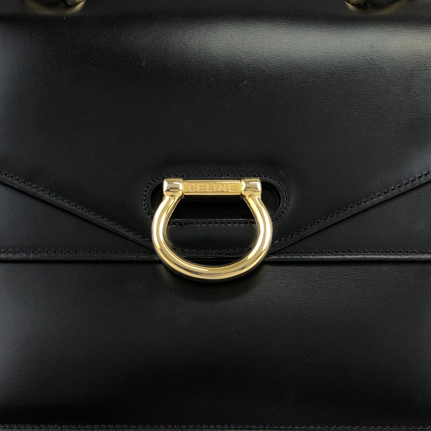 CELINE Horse Bit Double Flap Handbag Black Vintage istaf6