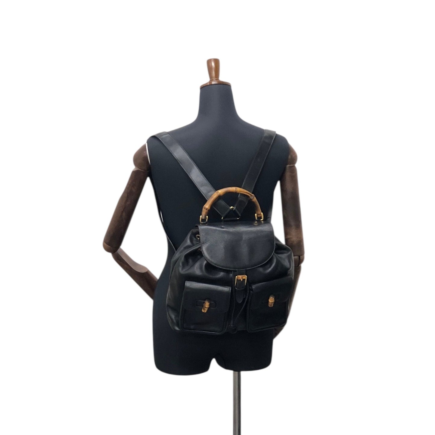 GUCCI Bamboo Double Pocket Backpack Black Vintage 5xx4xe